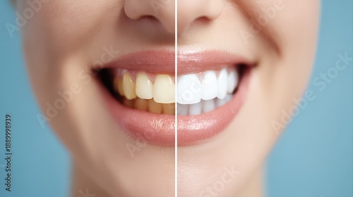 Closeup of a smile showing a dramatic teeth whitening transformation. The image contrasts yellow stained teeth with bright, white teeth, highlighting dental health improvement.