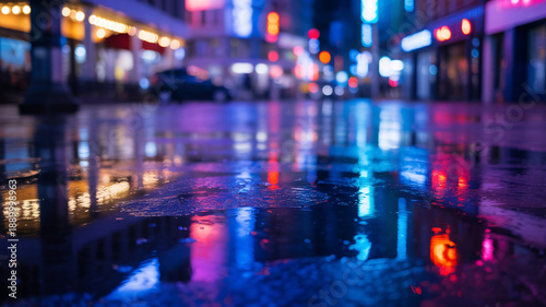 City street pavement reflects vibrant neon magenta and cyan lights in puddles after a heavy rainstorm.