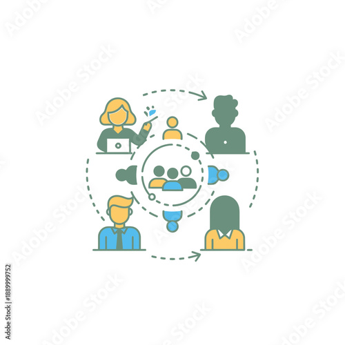 Illustration of business people collaborating and networking in a team or social network setting.