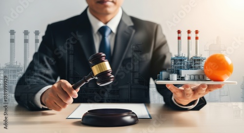 Distinguished businessman presides over industrial plant auction symbolizing privatization asset sales and strategic sector investment analysis