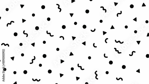 Black geometric shapes and symbols scattered randomly on white background