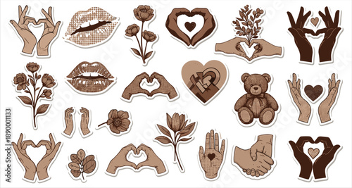Sepia Tone Valentine's Day Icons With Hearts Hands Flowers And Teddy Bear love romance