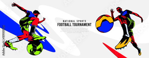 Dynamic soccer player action in flat vector style with geometric background elements. Modern sports conceptual art for athletic competition, football tournament, and professional fitness branding.