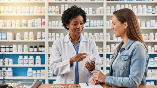 Friendly pharmacist provides product recommendations to a smiling customer in a clean, well-stocked pharmacy, enhancing a trustworthy healthcare experience