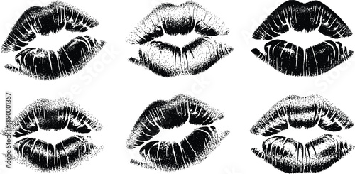 Six Black Ink Kiss Marks With Stippled Texture On White Background lips love
