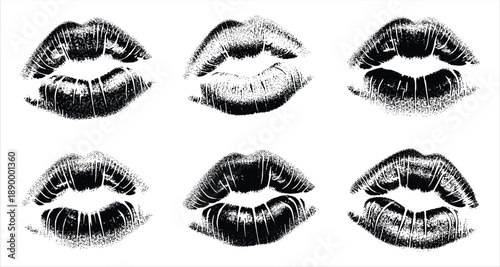 Six Black Ink Kiss Marks With Stippled Texture On White Background lips love