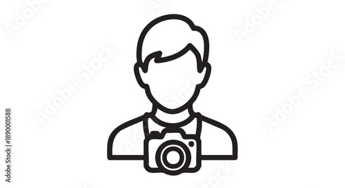 A simple line drawing of a person holding a camera, illustrated in a minimalist style, viewed from the front.