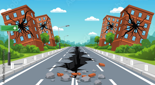 Vector illustration of an earthquake breaking apart a road and damaging buildings in a city landscape