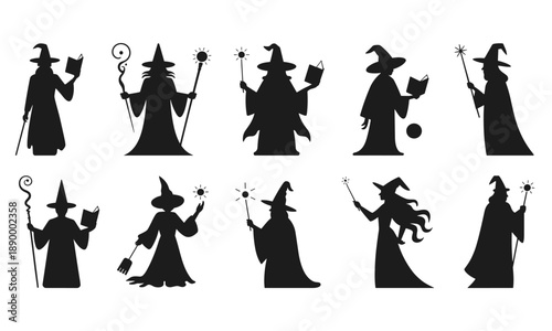 Wizard silhouettes collection magical spellcaster characters fantasy witch poses black vector illustration set isolated halloween sorcerer design bundle