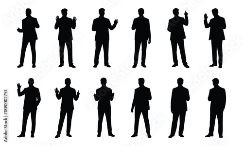 Businessman silhouettes collection, corporate professional gestures, black vector people, isolated standing poses, office communication leadership illustration set design