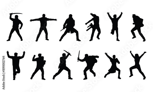 Action silhouettes collection, fighting warrior poses, black vector characters, isolated dynamic combat stances, martial arts hero illustration