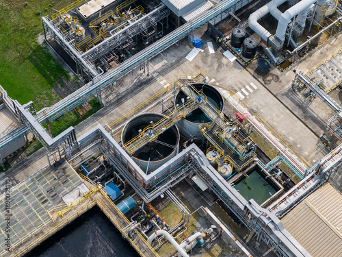 Canvas Print Aerial View of Industrial Wastewater Treatment Plant Infrastructure with Aeratio