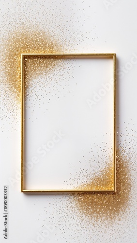 Elegant gold rectangular frame with glowing glitter on white background mockup