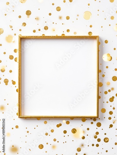 Elegant gold rectangular frame with glowing glitter on white background mockup