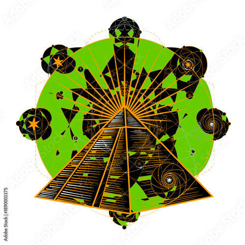 Vector art of abstract geometric sacred geometry symbol with a pyramid and a green circle, representing spiritual enlightenment and cosmic energy