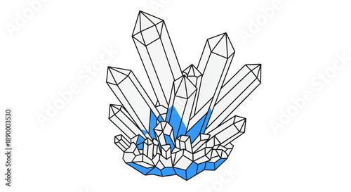 Vector art of a cluster of clear quartz crystals with blue accents, isolated on a, representing natural beauty and geological formations