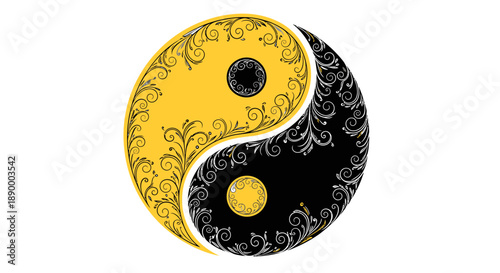 Vector art of a stylized yin and yang symbol with intricate golden floral patterns on a, representing balance, harmony, and duality