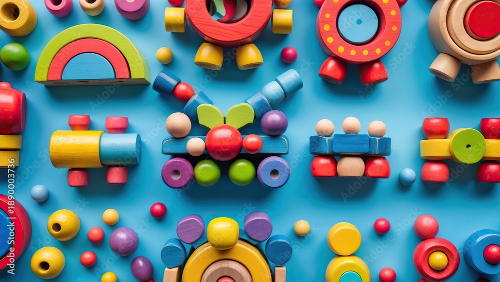 Obraz premium Colorful wooden toys on a blue background — symbol of childhood, development and creative play, AI-generated