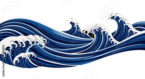 Vector art of a dynamic illustration of powerful blue ocean waves with white crests, evoking a sense of movement and the raw energy of the sea, set against a clean