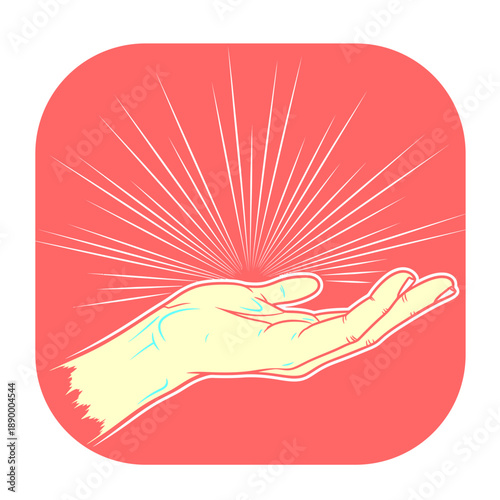 Vector art of a stylized illustration of an open hand with radiating lines emanating from the palm, symbolizing hope, creation, or a divine spark, set against a vibrant coral background