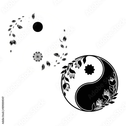 Vector art of yin and yang symbol with floral elements and celestial bodies, representing balance and harmony