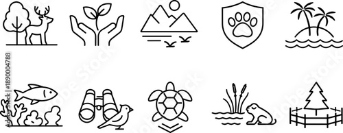 Set of black line icons representing wildlife conservation, biodiversity, nature protection, animal habitat, clean water, and renewable energy. Minimalist eco-themed outline icon set for environmental