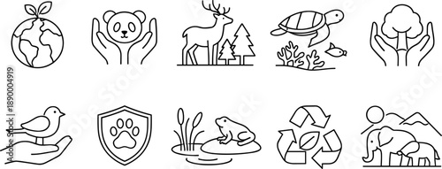 Set of black line icons representing wildlife conservation, biodiversity, nature protection, animal habitat, clean water, and renewable energy. Minimalist eco-themed outline icon set for environmental