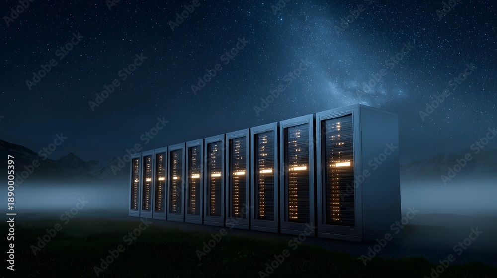 Fototapeta premium Rows of illuminated server racks stand in a serene misty natural landscape under a vast star filled night sky