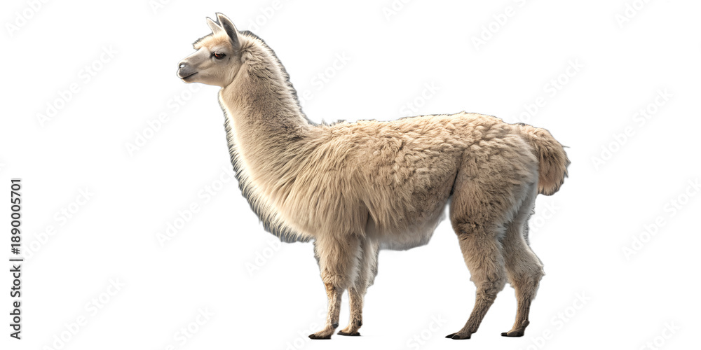 Fototapeta premium Realistic alpaca standing full body, fluffy farm animal, detailed fur texture, calm pose, isolated on transparent background, PNG, studio lighting, ultra realistic 