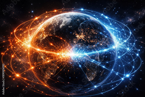 Global connectivity competition illustrated by glowing orange and blue satellite internet constellations orbiting Earth with digital data pulses and orbital congestion in low Earth orbit space