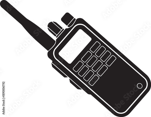 Black silhouette of a portable two way radio communication device with antenna and keypad