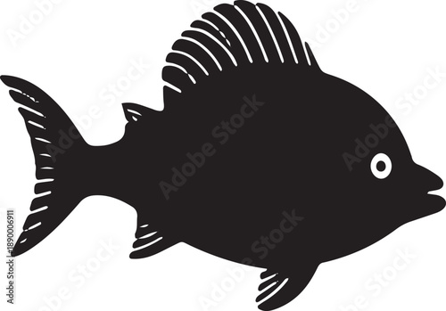 Black silhouette of a stylized fish with a prominent dorsal fin and detailed tail fins