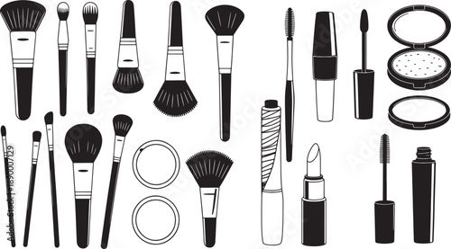 Collection of black and white makeup brushes lipstick mascara and powder compacts