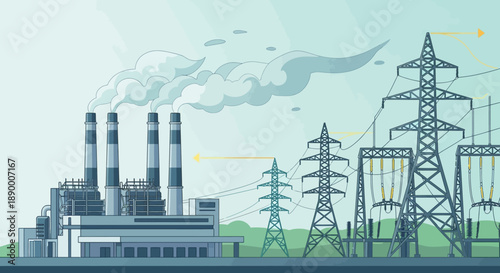 Industrial power plant generating electricity with prominent cooling towers. High-voltage electrical grid, transmission lines, and pylons depict essential energy infrastructure