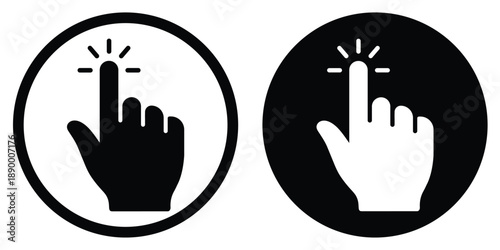 Touch gesture icon with finger tapping surface, representing interaction, click action, or touchscreen functionality in digital interface design.