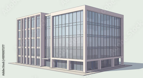 Contemporary corporate office building illustration with expansive glass facade, showcasing modern architecture and a clean, professional urban environment designed for business