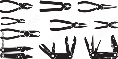 Collection of black silhouette pliers and multi tools on white background hand tool