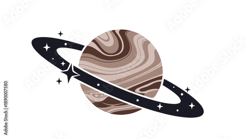 Stylized illustration of a gas giant planet like Saturn featuring brown marbled patterns and a prominent dark ring system with small white stars.