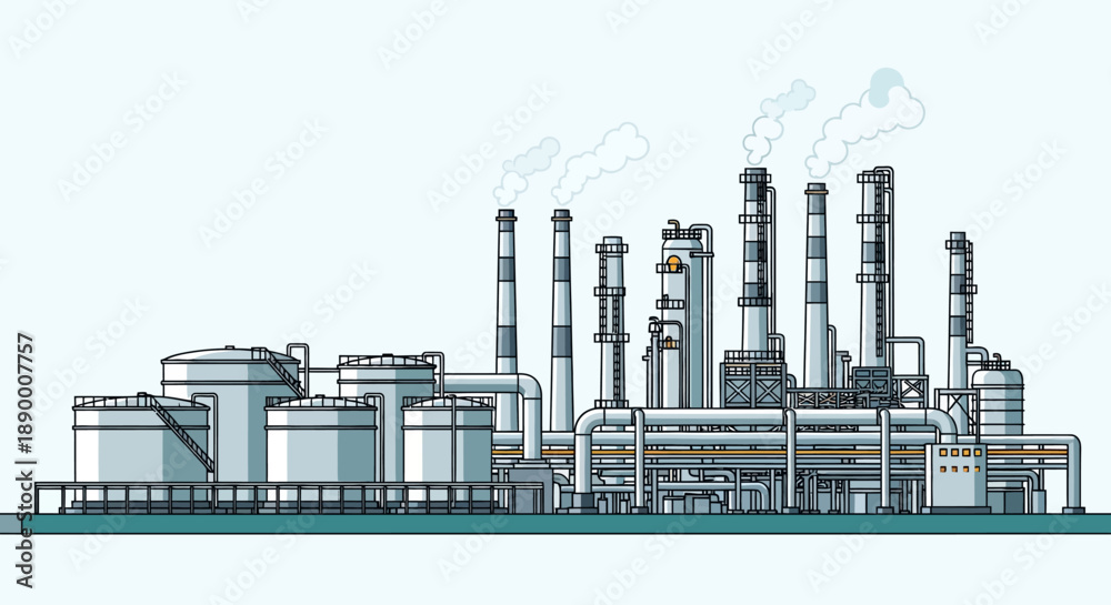 Obraz premium Industrial complex illustration. Modern factory or refinery with prominent smokestacks, storage tanks, and intricate piping systems. Represents manufacturing and energy production infrastructure