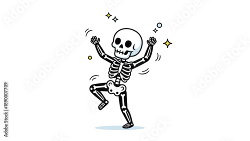 Fun cartoon illustration of a happy skeleton dancing with its arms raised and legs moving surrounded by small sparkling stars and circles.