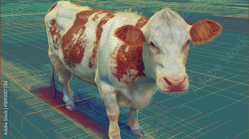 Vache blanche et rousse debout sur un sol quadrillé numérique