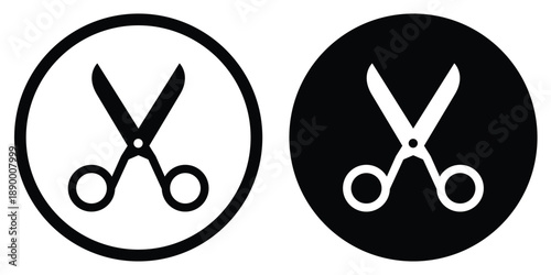Vector scissors icon set in flat black and white styles. Minimalist design for tailoring, haircutting, craft, and editing tools. Isolated professional symbol for UI/UX and web design.