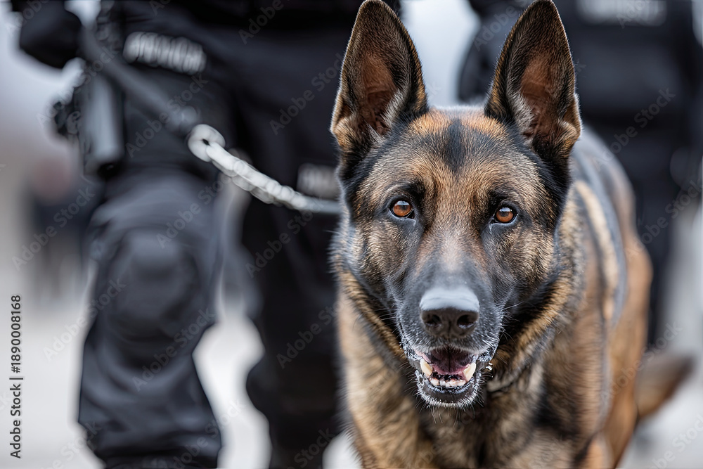 Fototapeta premium Policewoman walking with police dog 