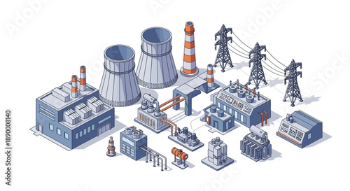 Conceptual isometric illustration of a power plant and electricity generation system, showing modern energy infrastructure