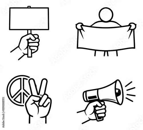 Hand drawn line art activism icons set featuring a protest sign, a banner, a peace gesture, and a megaphone for public demonstrations