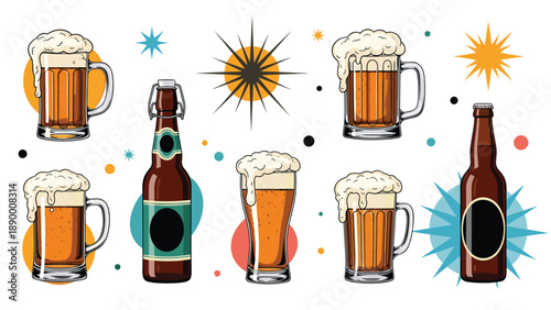 Illustrated collection of cold beers in bottles and foaming mugs surrounded by stars, dots, and sunburst design elements.