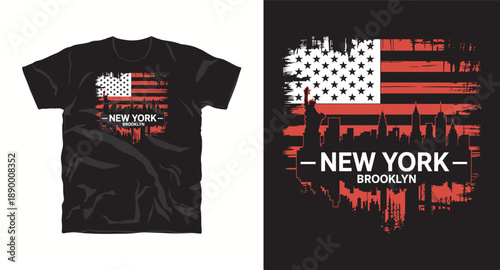 New york city skyline t-shirt design with american flag and statue of liberty silhouette