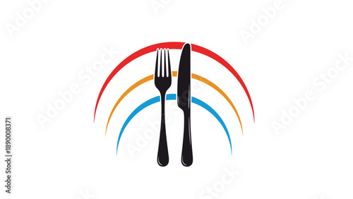 Fork and knife silhouette symbol set against three colorful rainbow arches representing food service, dining, and restaurants.