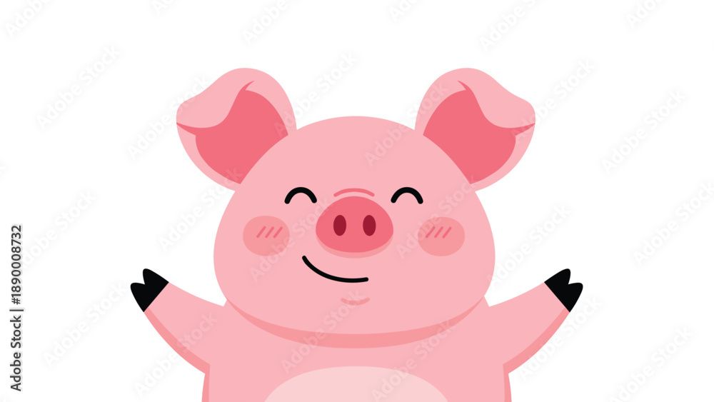 Fototapeta premium Cheerful illustration of a cute pink pig character smiling with open arms as if to give a hug on a white background.