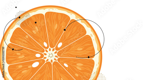 Vibrant close-up of an orange citrus fruit slice decorated with modern graphic design lines and dots on a white background.